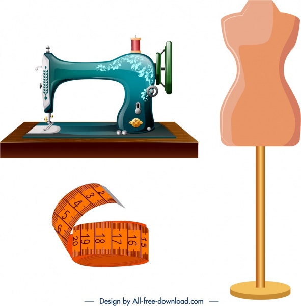 elementos de diseño a medida cosiendo iconos de maniquí de la regla de la máquina