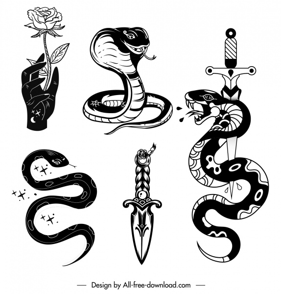 elemen tatoo ikon sketsa mawar pedang ular klasik