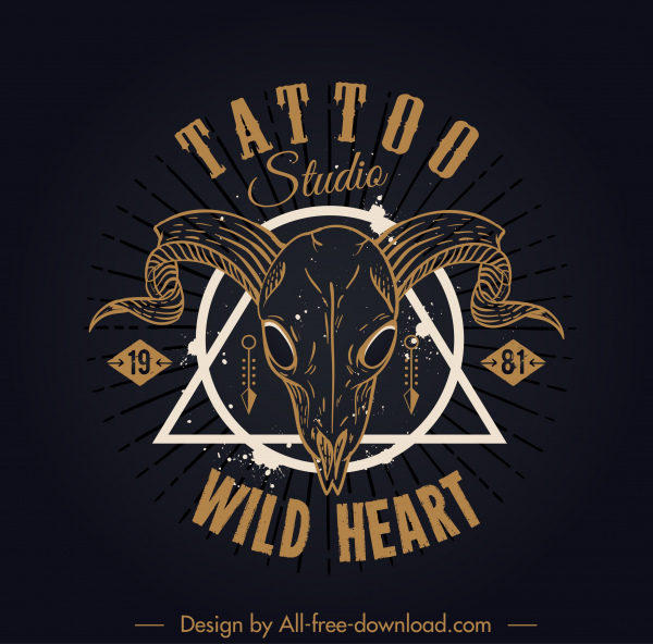 tatooสตูดิโอโลโก้ handdrawn วัวกะโหลกศีรษะย้อนยุคสีเข้ม