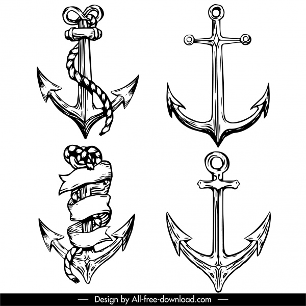 ícones de âncora de tatuagem preto branco desenhado à mão vintage