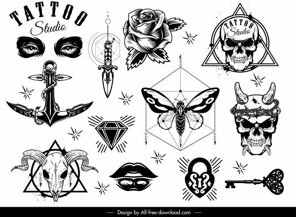 elementos de decoração de tatuagem preto símbolos brancos formas