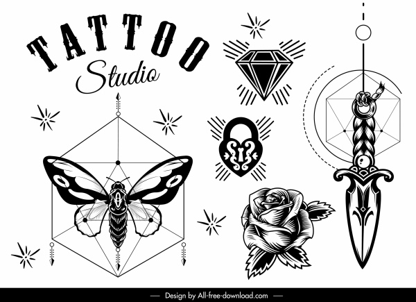 elementos de decoração de tatuagem esboço de símbolos brancos pretos