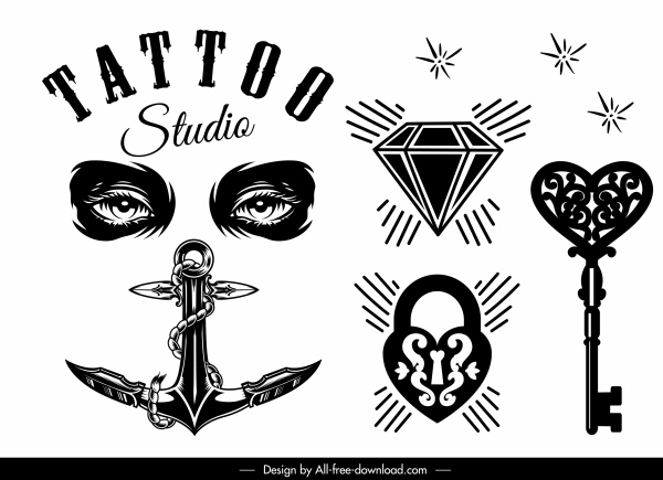 elementos de decoração de tatuagem preto branco formas vintage