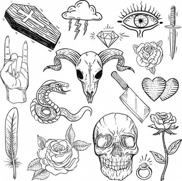 elementos de design de tatuagem preto branco esboço clássico