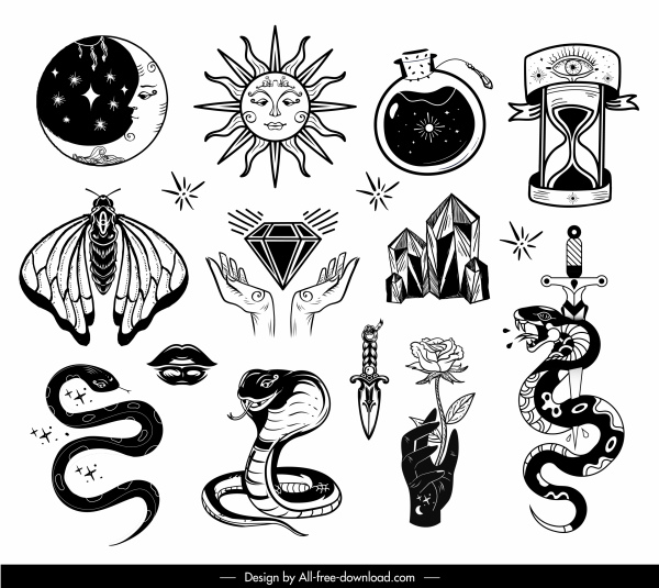iconos de tatuaje negro blanco dibujo a mano símbolos boceto