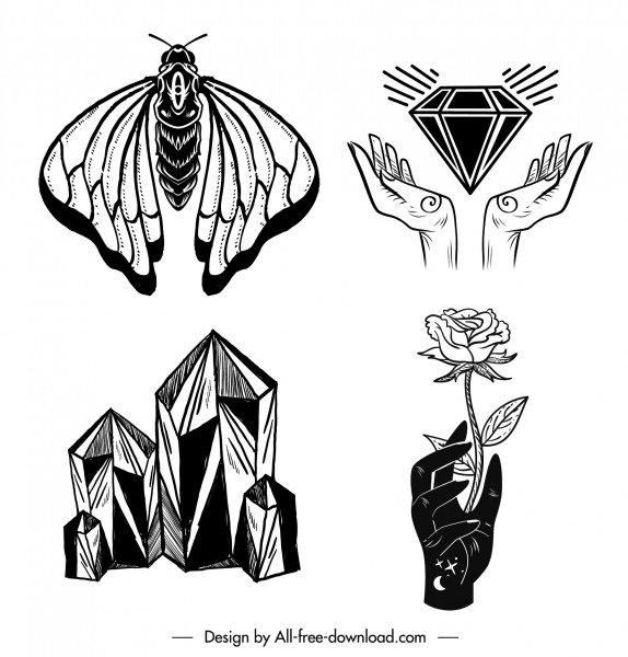 ikon tato sketsa mawar berlian serangga putih hitam