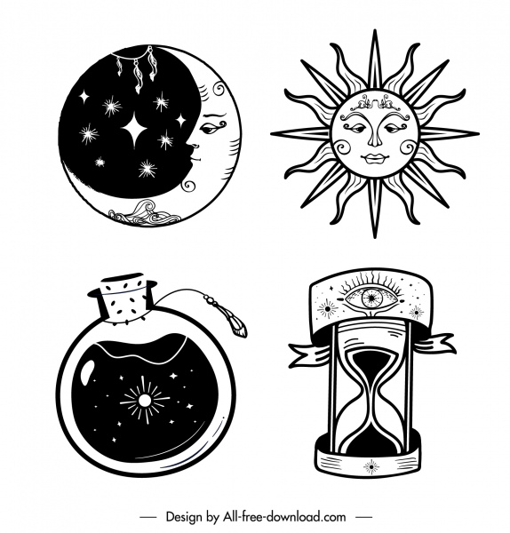 tatuaje iconos luna plana sol sandglass botella boceto