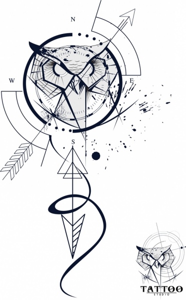 tato logotype burung hantu panah sketsa grunge dekorasi