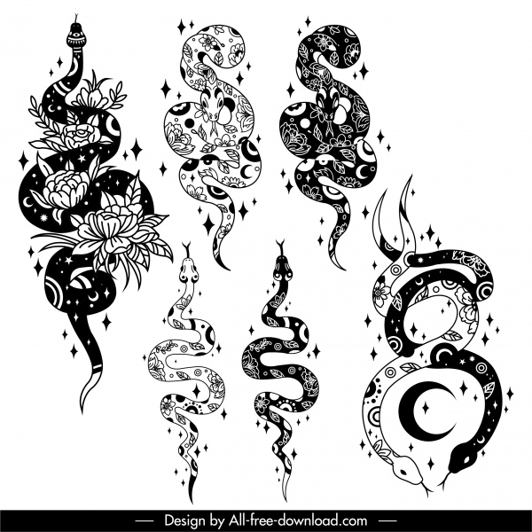 ícones de cobras de tatuagem esboço clássico plano