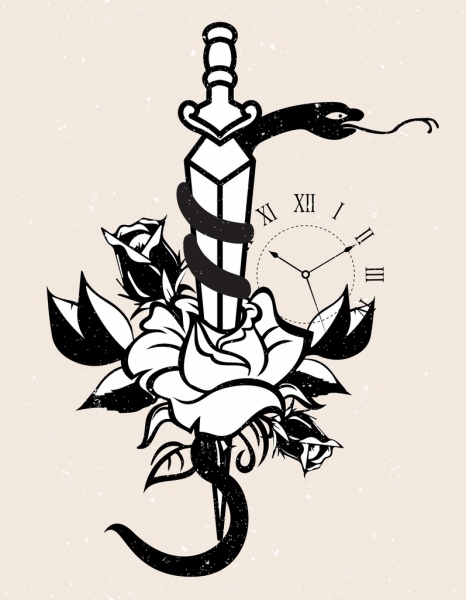 Татуировка шаблон змея меч Роуз будильник значки