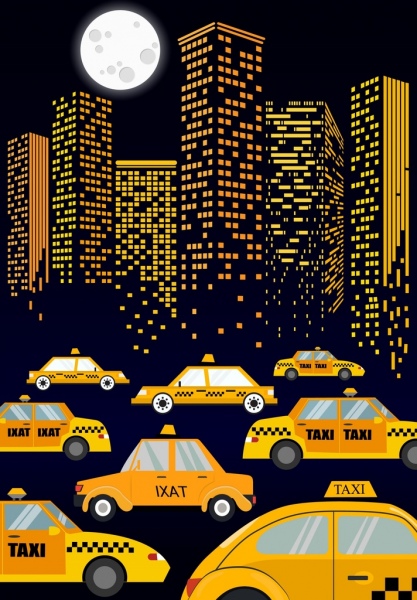 Carros de propaganda de táxi ao luar ícones de edifícios da cidade