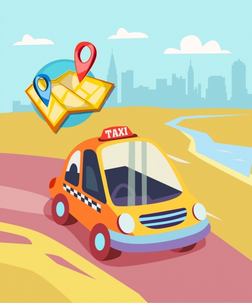 táxi banner publicidade carro mapa ícones design colorido