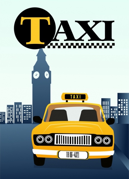 Taxi texto publicitario coche amarillo icono coloreado de dibujos animados