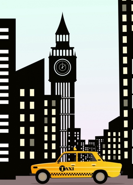 taxi giallo nero edifici pubblicità auto icone