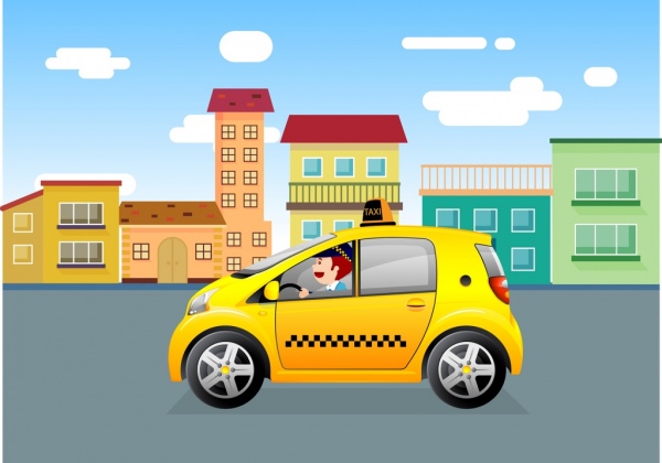 الإعلان عن سيارة أجرة صفراء مدينة السيارات الملونة تصميم الرسوم المتحركة