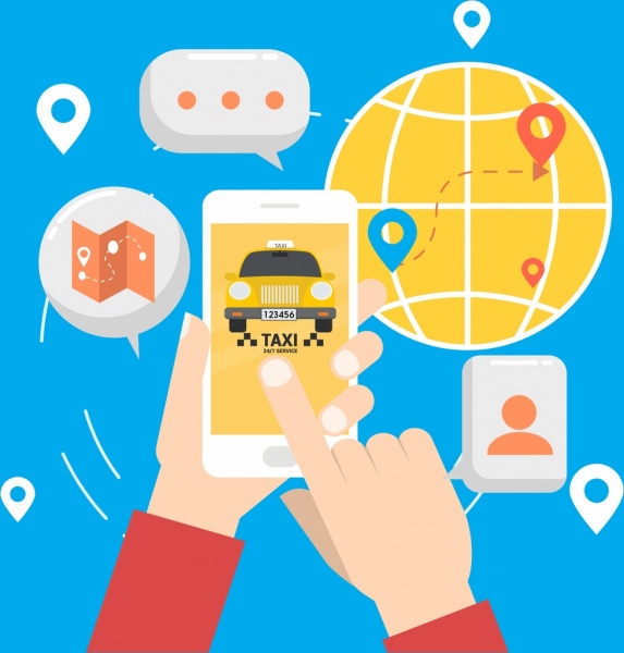 такси приложение баннер смартфон глобус пользовательский интерфейс значки декор