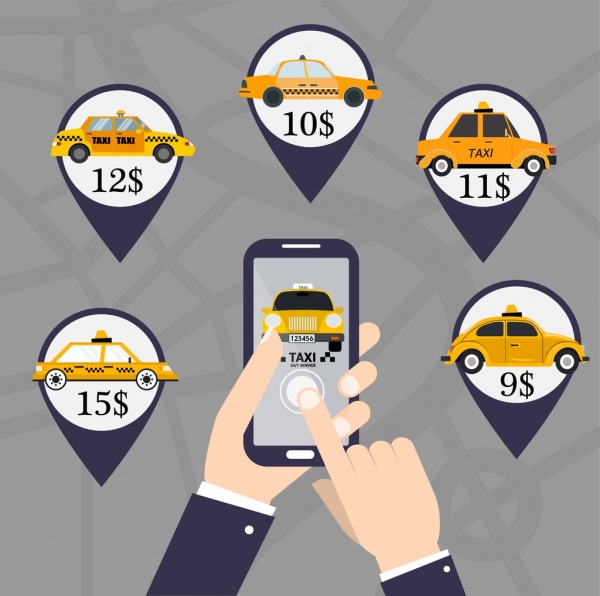aplicativo de táxi banner de publicidade smartphone carro preços ícones