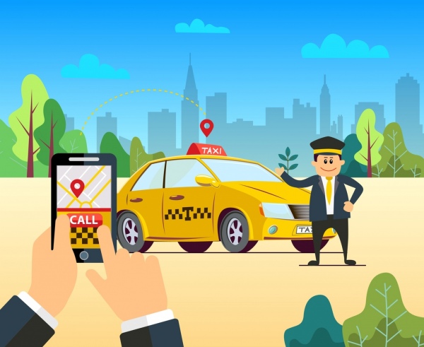 taksi aplikasi periklanan smartphone mobil driver ikon dekorasi
