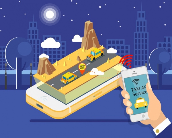 Aplikacja taxi reklama smartphone droga ikony 3D projekt