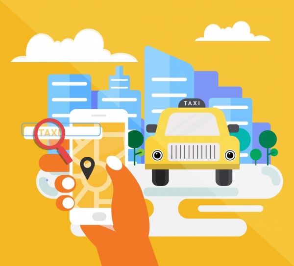 aplicativo de táxi banner carro smartphone ícones