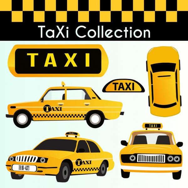 такси автомобилей иконки сбора желтым декором различных просмотров