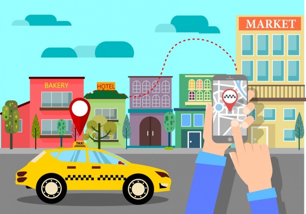 택시 편의 개념 스마트폰 자동차도로 아이콘