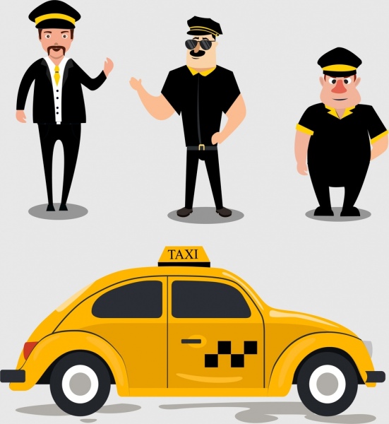 taksówka elementy projektu, żółty samochód ludzi ikony