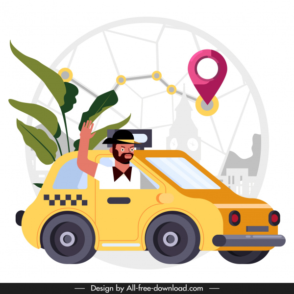 taxi trabajo de fondo hombre coche posicionamiento mapa de boceto