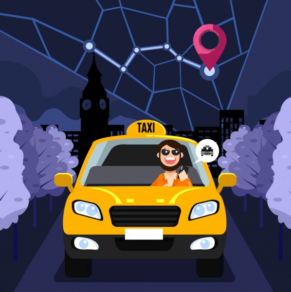 taksi pekerjaan spanduk peta ikon mobil ikon kartun desain kartun