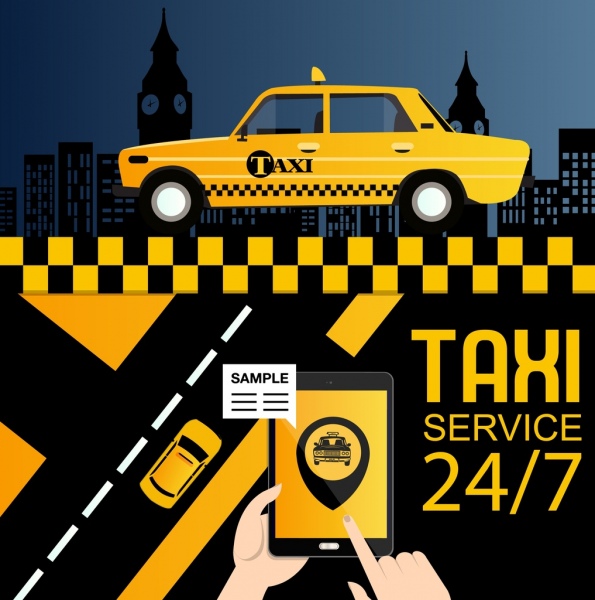 Servicio de taxi anuncio coche amarillo smartphone iconos decoracion