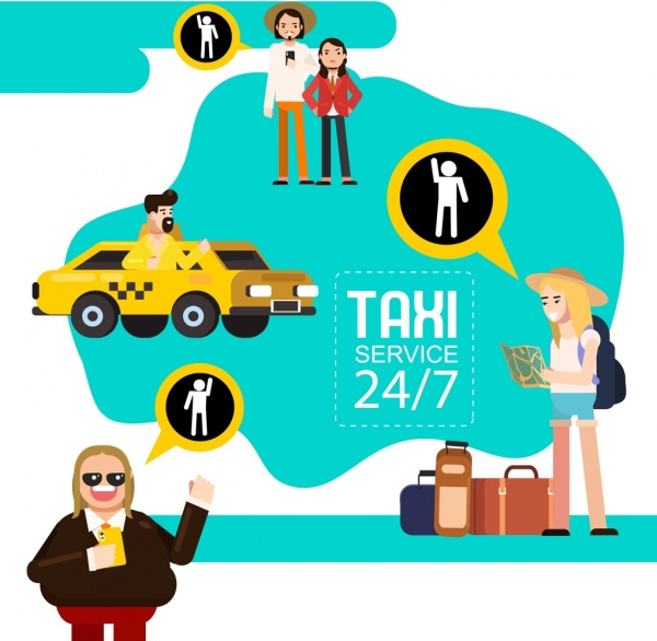 serviço de táxi banner de publicidade ícones de motorista turístico