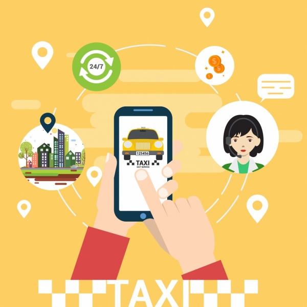 layout de círculo de publicidade de serviço táxi mãos ícones do telefone