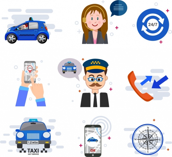 Taxi-Service Design Elemente Auto Smartphone Menschen-Ikonen