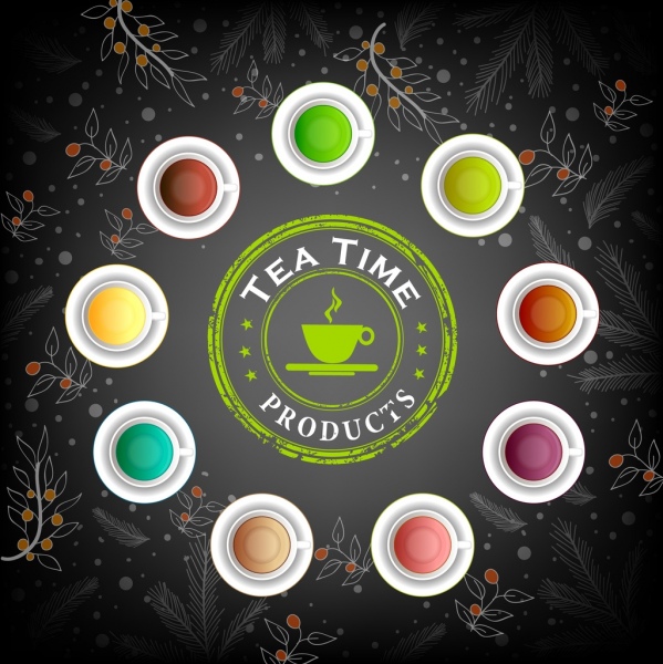 icône de boissons thé annonce coloré de fleurs en toile de fond.
