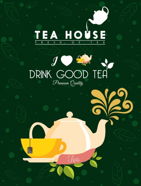 Tee Werbung Tasse Topf Symbole grüne Blätter Hintergrund