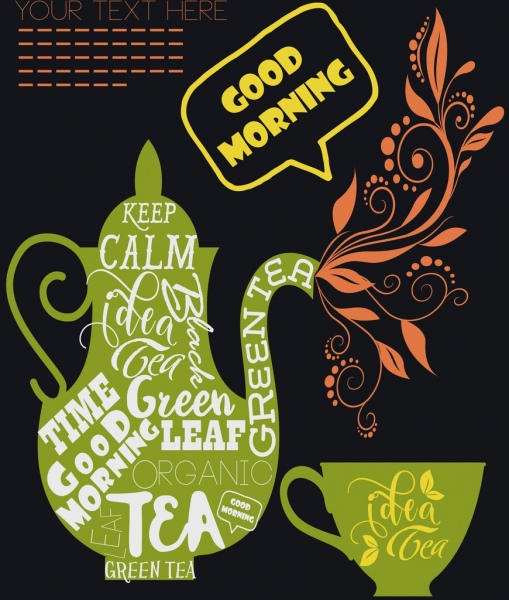 الشاي الإعلان التصميم المسطح الأخضر ديكور الزهور الخطاط