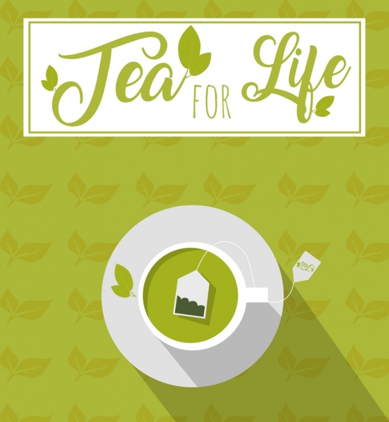 kubek herbaty reklamy ikona zielonych słowa winiety dekoracji