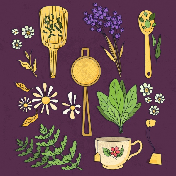 الشاي فن تصميم عناصر كأس الزهور رموز ليف