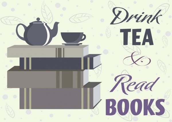 Tea break banner libro stack taza pot Leaf iconos