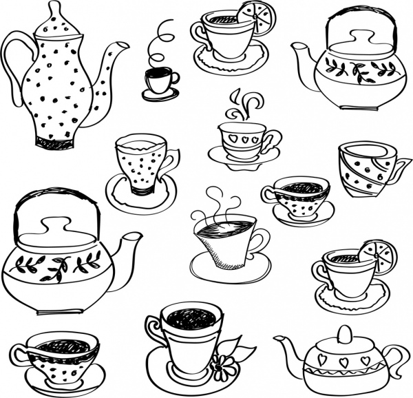una tazza di tè erba icone bianco nero handdrawn sketch