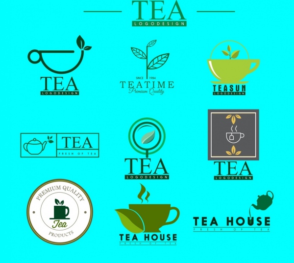 progettazione di logotipi di tè che varie colorate piatte