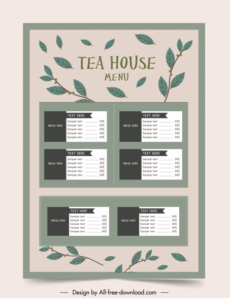 modelo de menu de chá decoração clássica folhas