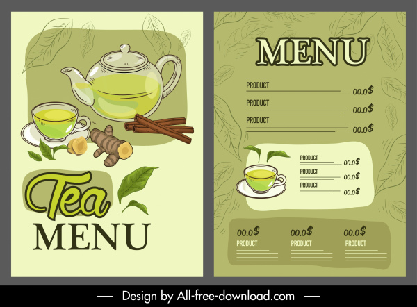 modelo de menu de chá elegante design clássico desenhado à mão