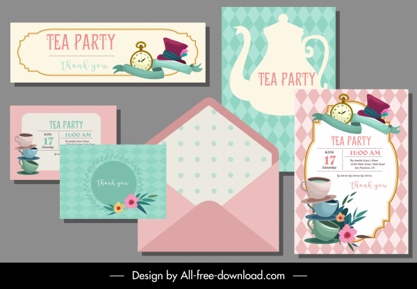 Tea-Party-Karte Vorlage Topf Tassen skizzieren