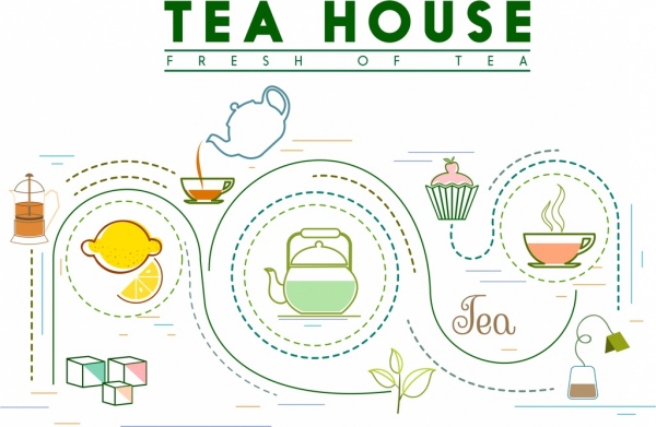 Tea Processing Banner Curves Decor Cup Pot Icons