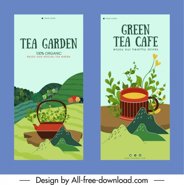 produtos de chá anunciando banner colorido decoração plantas clássicas