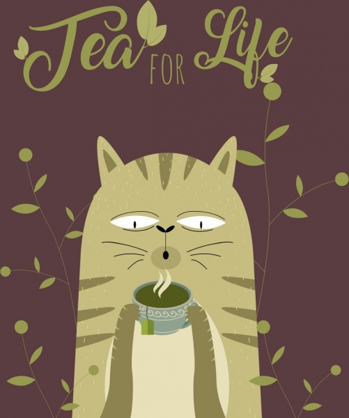 Tee Zeit Banner Katze verlässt Teetasse Symbole