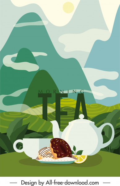 bandera de la hora del té clásico elegante boceto de la vista a la montaña