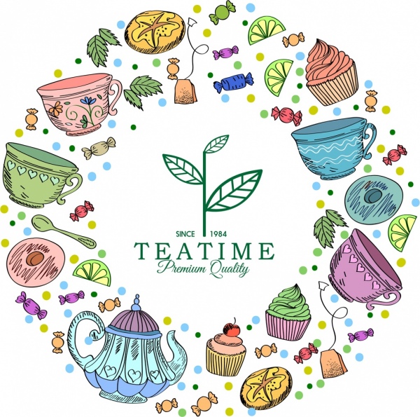 layout de círculo do chá tempo bandeira ícones coloridos clássica
