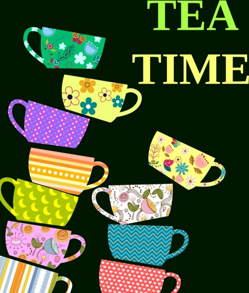tasse de thé bannière colorée icônes dessin plat